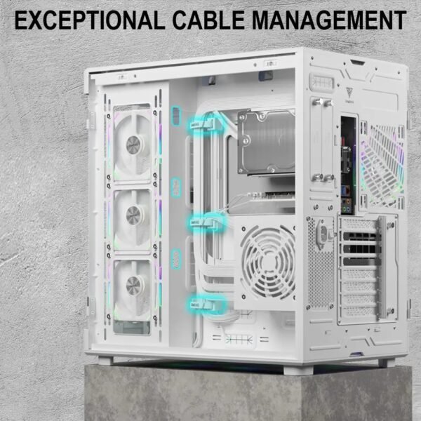 2025/12/1000375932.jpg GAMDIAS NESO P1 PRO – Trapezoid Full-Tower Case With Dual Orientation, Panoramic Glass, 3 AEOLUS P2 Fans, 8 PCIe Slots, 10-Fan Capacity, 420mm Radiator Support & USB-C Front Panel | WHITE