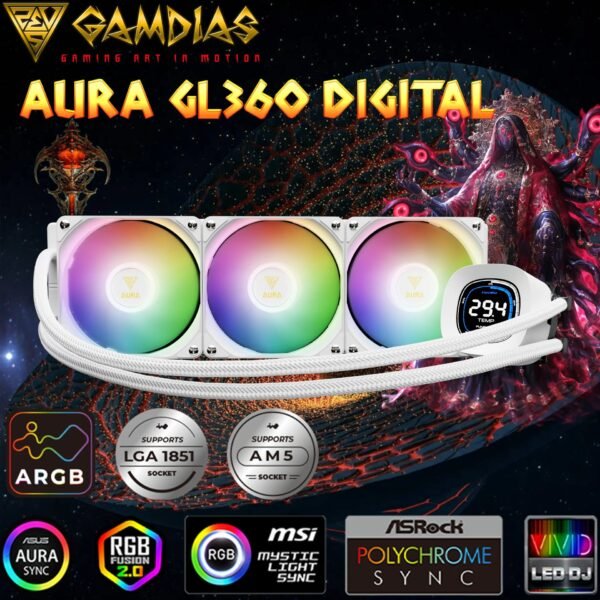 GAMDIAS AURA GL360 Digital WH Liquid Cooler With 2.1” Real-Time Display, ARGB PWM Fans, Copper Base, 73.7 CFM Airflow, 396mm Radiator, AM5 & LGA 1851 Support, Zeus Cast Software | WHITE