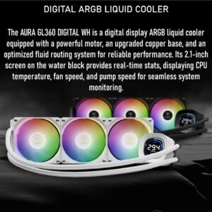 GAMDIAS AURA GL360 Digital WH Liquid Cooler With 2.1” Real-Time Display, ARGB PWM Fans, Copper Base, 73.7 CFM Airflow, 396mm Radiator, AM5 & LGA 1851 Support, Zeus Cast Software | WHITE