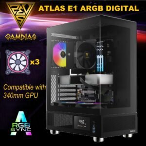 GAMDIAS ATLAS E1 ARGB DIGITAL GAMIMG ATX Mid Tower PC Case, Real-time Monitor, Pre-installed 3 x 120 mm ARGB Fans, Seamless Tempered Glass, High Airflow Side Vents | BLACK ATLAS-E1-DIGITAL-B
