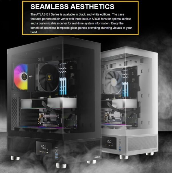 GAMDIAS ATLAS E1 ARGB DIGITAL GAMIMG ATX Mid Tower PC Case, Real-time Monitor, Pre-installed 3 x 120 mm ARGB Fans, Seamless Tempered Glass, High Airflow Side Vents | BLACK ATLAS-E1-DIGITAL-B