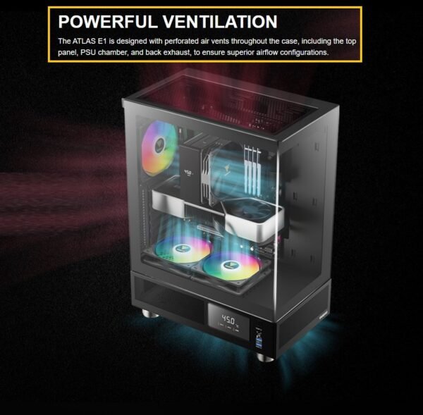 GAMDIAS ATLAS E1 ARGB DIGITAL GAMIMG ATX Mid Tower PC Case, Real-time Monitor, Pre-installed 3 x 120 mm ARGB Fans, Seamless Tempered Glass, High Airflow Side Vents | BLACK ATLAS-E1-DIGITAL-B