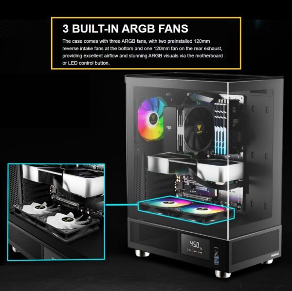 GAMDIAS ATLAS E1 ARGB DIGITAL GAMIMG ATX Mid Tower PC Case, Real-time Monitor, Pre-installed 3 x 120 mm ARGB Fans, Seamless Tempered Glass, High Airflow Side Vents | BLACK ATLAS-E1-DIGITAL-B