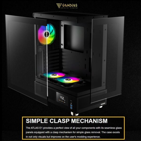 GAMDIAS ATLAS E1 ARGB DIGITAL GAMIMG ATX Mid Tower PC Case, Real-time Monitor, Pre-installed 3 x 120 mm ARGB Fans, Seamless Tempered Glass, High Airflow Side Vents | BLACK ATLAS-E1-DIGITAL-B