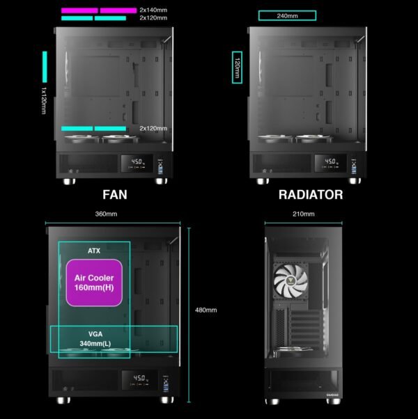 GAMDIAS ATLAS E1 ARGB DIGITAL GAMIMG ATX Mid Tower PC Case, Real-time Monitor, Pre-installed 3 x 120 mm ARGB Fans, Seamless Tempered Glass, High Airflow Side Vents | BLACK ATLAS-E1-DIGITAL-B