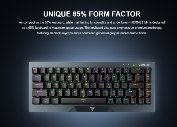 2025/12/1000375996.png GAMDIAS HERMES M4 Gaming Mechanical Keyboard 65% Form Factor , Hotswappable Red Switch , 20 RGB Effects ,Anti-ghosting With N-key Rollover , Software Customizable Macro Key , Metal Contoured Finish