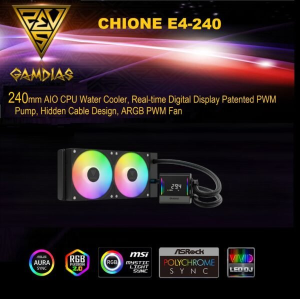 GAMDIAS CHIONE E4 240mm AIO ARGB CPU Liquid Cooler , Real-time Digital Display PWM Pump, Hidden Cable Design, 2X 120MM ARGB PWM Fan w/MB Sync, Intel LGA 1700/1200, AMD AM5/AM4 | BLACK CHIONE-E4-240-B