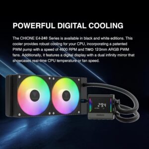 GAMDIAS CHIONE E4 240mm AIO ARGB CPU Liquid Cooler , Real-time Digital Display PWM Pump, Hidden Cable Design, 2X 120MM ARGB PWM Fan w/MB Sync, Intel LGA 1700/1200, AMD AM5/AM4 | BLACK CHIONE-E4-240-B