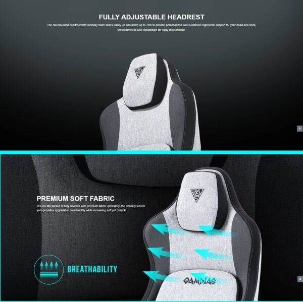 GAMDIAS ZELUS M4 Weave Ergonomic Gaming Chair – High-end Fabric, Ultrawide Seat, Gas Lift Lumbar Support, 2D Armrests, 150° Recline, Steel Base, High-Resilience Foam, 140kg Capacity | GREY BLACK