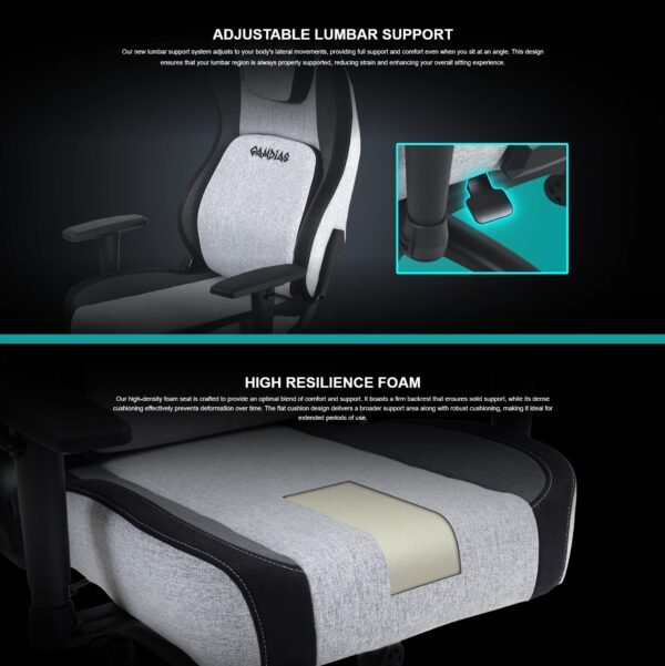 GAMDIAS ZELUS M4 Weave Ergonomic Gaming Chair – High-end Fabric, Ultrawide Seat, Gas Lift Lumbar Support, 2D Armrests, 150° Recline, Steel Base, High-Resilience Foam, 140kg Capacity | GREY BLACK