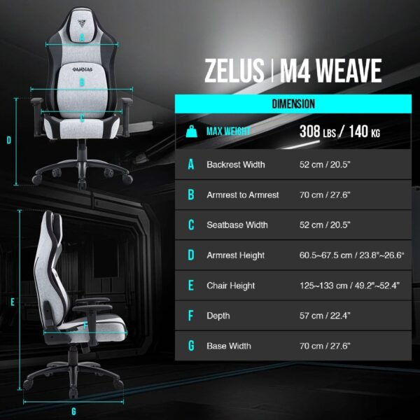 GAMDIAS ZELUS M4 Weave Ergonomic Gaming Chair – High-end Fabric, Ultrawide Seat, Gas Lift Lumbar Support, 2D Armrests, 150° Recline, Steel Base, High-Resilience Foam, 140kg Capacity | GREY BLACK