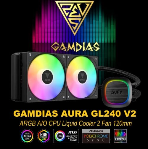 GAMDIAS AURA GL240 V2 ARGB AIO CPU Liquid Cooler , 240mm Radiator, 2 x 120mm PWM Fans, Cooling System w/ Hidden Cable Design, Rotatable Mirror Style ARGB Pump for Intel/AMD Ryzen – BLACK AURA-GL240-V2-B