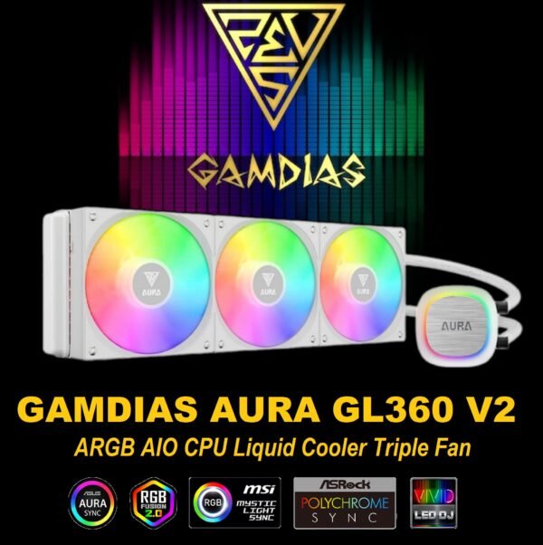 GAMDIAS AURA GL360 V2 Liquid CPU Cooler, 120mm, Triple Fan, White ARGB AIO, Mirror Style  Rotatable Pump, LGA 1700/AM5 Ready, Built-in Lighting Effects, Hidden Cable Management | WHITE  AURA-GL360-V2-W