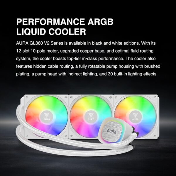 GAMDIAS AURA GL360 V2 Liquid CPU Cooler, 120mm, Triple Fan, White ARGB AIO, Mirror Style  Rotatable Pump, LGA 1700/AM5 Ready, Built-in Lighting Effects, Hidden Cable Management | WHITE  AURA-GL360-V2-W