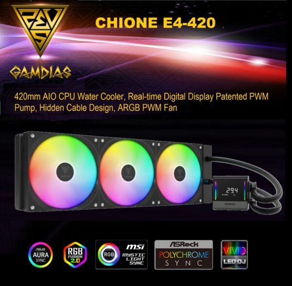 2025/12/1000379308.jpg GAMDIAS CHIONE E4 420mm AIO ARGB BLACK CPU Water Cooler, Real-time Digital Display Patented PWM Pump, Hidden Cable Design, ARGB PWM Fan w/MB Sync, Intel LGA 1700/1200, AMD AM5/AM4 | BLACK GHIONE-E4-420-B