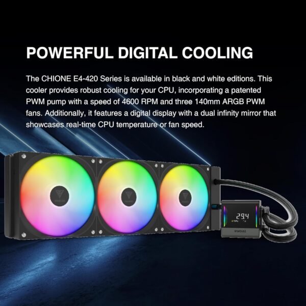 2025/12/1000379309.jpg GAMDIAS CHIONE E4 420mm AIO ARGB BLACK CPU Water Cooler, Real-time Digital Display Patented PWM Pump, Hidden Cable Design, ARGB PWM Fan w/MB Sync, Intel LGA 1700/1200, AMD AM5/AM4 | BLACK GHIONE-E4-420-B