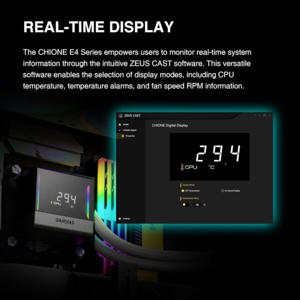 2025/12/1000379311.jpg GAMDIAS CHIONE E4 420mm AIO ARGB BLACK CPU Water Cooler, Real-time Digital Display Patented PWM Pump, Hidden Cable Design, ARGB PWM Fan w/MB Sync, Intel LGA 1700/1200, AMD AM5/AM4 | BLACK GHIONE-E4-420-B