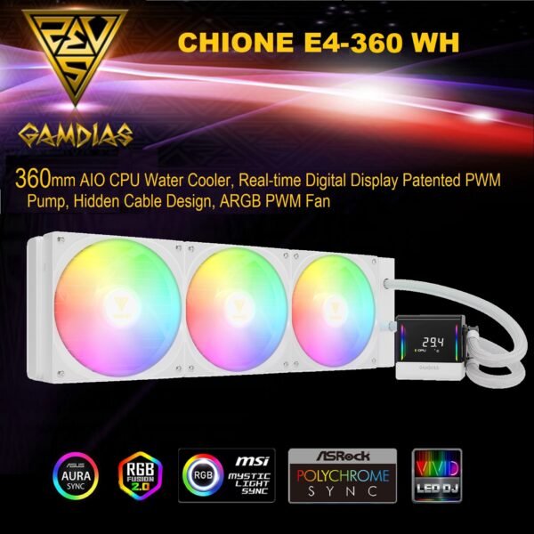 GAMDIAS CHIONE E4 360mm AIO ARGB WHITE CPU Liquid Cooler, Real-time Digital Display PWM Pump, Hidden Cable Design, 3X 120MM ARGB PWM Fan w/MB Sync, Intel LGA 1700/1200, AMD AM5/AM4 | White CHIONE-E4-360-W