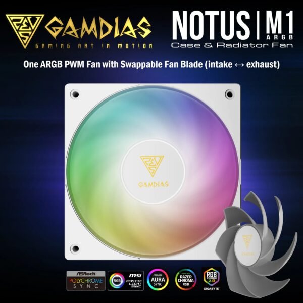 Gamdias Notus M1-1201 WH ARGB 120mm PWM Fan With 400-1600 RPM, 57.56 CFM Airflow, Hydraulic Bearing, Reverse Blade Swappable Option (intake ↔ exhaust), Low Noise 25dBA, And Motherboard ARGB Sync | WHITE