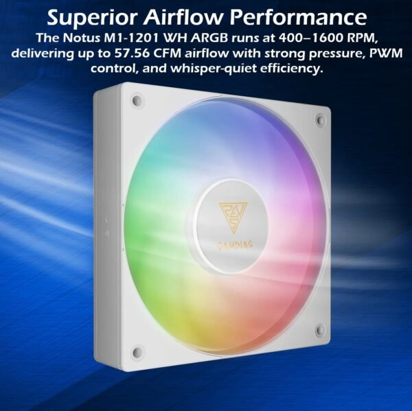 Gamdias Notus M1-1201 WH ARGB 120mm PWM Fan With 400-1600 RPM, 57.56 CFM Airflow, Hydraulic Bearing, Reverse Blade Swappable Option (intake ↔ exhaust), Low Noise 25dBA, And Motherboard ARGB Sync | WHITE