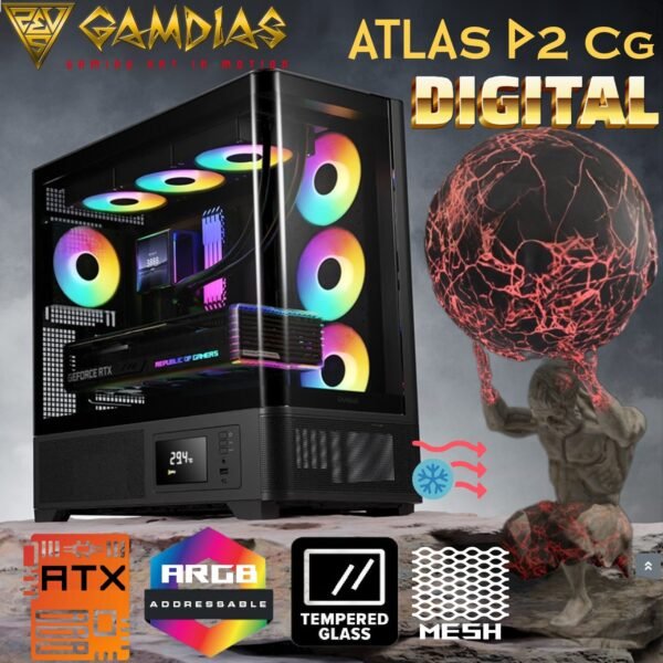 2025/12/1000379333.jpg GAMDIAS Atlas P2 CG Mid-Tower ARGB ATX PANORAMIC PC Case – One-Piece Curved Glass, 4 ARGB PWM Fans, 8-Port Fan Hub, Hidden Cable BTF Support, 10-Fan Cooling, 430mm GPU Clearance, Real-Time Monitor | BLACK