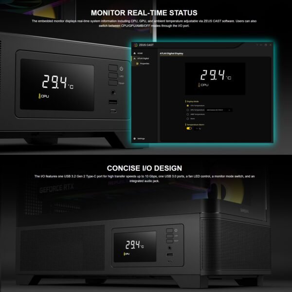 2025/12/1000379335.jpg GAMDIAS Atlas P2 CG Mid-Tower ARGB ATX PANORAMIC PC Case – One-Piece Curved Glass, 4 ARGB PWM Fans, 8-Port Fan Hub, Hidden Cable BTF Support, 10-Fan Cooling, 430mm GPU Clearance, Real-Time Monitor | BLACK