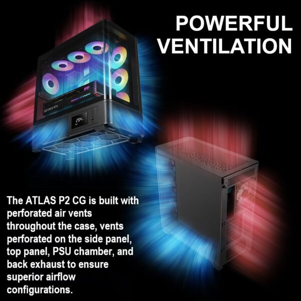 2025/12/1000379336.jpg GAMDIAS Atlas P2 CG Mid-Tower ARGB ATX PANORAMIC PC Case – One-Piece Curved Glass, 4 ARGB PWM Fans, 8-Port Fan Hub, Hidden Cable BTF Support, 10-Fan Cooling, 430mm GPU Clearance, Real-Time Monitor | BLACK