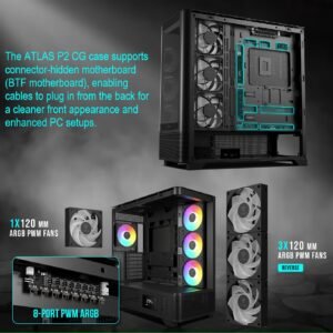 2025/12/1000379337.jpg GAMDIAS Atlas P2 CG Mid-Tower ARGB ATX PANORAMIC PC Case – One-Piece Curved Glass, 4 ARGB PWM Fans, 8-Port Fan Hub, Hidden Cable BTF Support, 10-Fan Cooling, 430mm GPU Clearance, Real-Time Monitor | BLACK