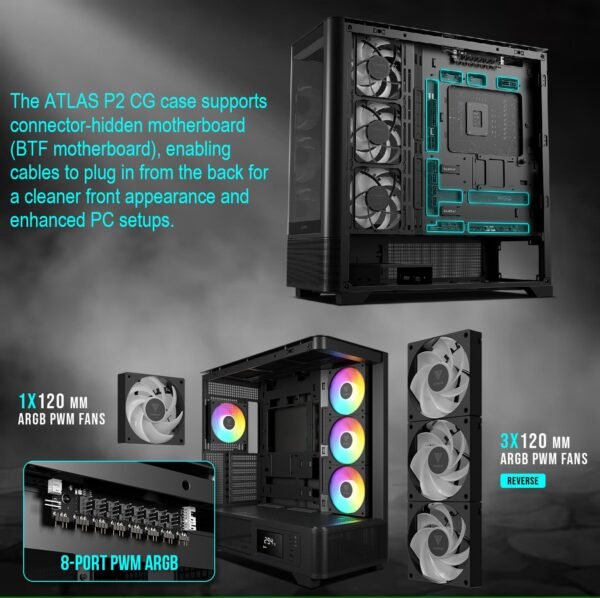 2025/12/1000379337.jpg GAMDIAS Atlas P2 CG Mid-Tower ARGB ATX PANORAMIC PC Case – One-Piece Curved Glass, 4 ARGB PWM Fans, 8-Port Fan Hub, Hidden Cable BTF Support, 10-Fan Cooling, 430mm GPU Clearance, Real-Time Monitor | BLACK