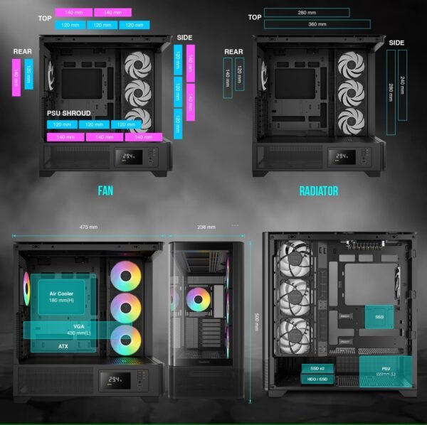 2025/12/1000379338.jpg GAMDIAS Atlas P2 CG Mid-Tower ARGB ATX PANORAMIC PC Case – One-Piece Curved Glass, 4 ARGB PWM Fans, 8-Port Fan Hub, Hidden Cable BTF Support, 10-Fan Cooling, 430mm GPU Clearance, Real-Time Monitor | BLACK