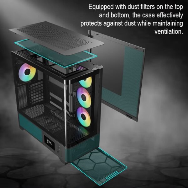 2025/12/1000379339.jpg GAMDIAS Atlas P2 CG Mid-Tower ARGB ATX PANORAMIC PC Case – One-Piece Curved Glass, 4 ARGB PWM Fans, 8-Port Fan Hub, Hidden Cable BTF Support, 10-Fan Cooling, 430mm GPU Clearance, Real-Time Monitor | BLACK