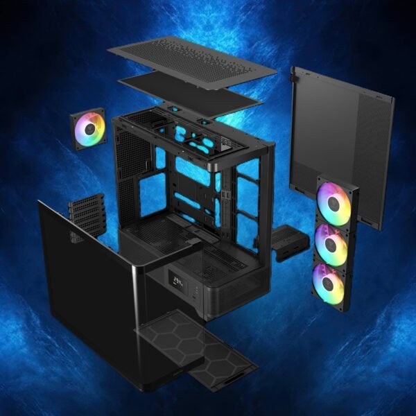 2025/12/1000379341.jpg GAMDIAS Atlas P2 CG Mid-Tower ARGB ATX PANORAMIC PC Case – One-Piece Curved Glass, 4 ARGB PWM Fans, 8-Port Fan Hub, Hidden Cable BTF Support, 10-Fan Cooling, 430mm GPU Clearance, Real-Time Monitor | BLACK