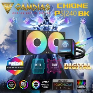 GAMDIAS CHIONE P5-240 AIO ARGB Liquid Cooler  – 3.4” IPS LCD, 240mm Radiator, ARGB PWM Fans, Rotatable Display, Upgraded Cooling System, Universal Compatibility, Hidden Cable Routing, Motherboard Sync | BLACK