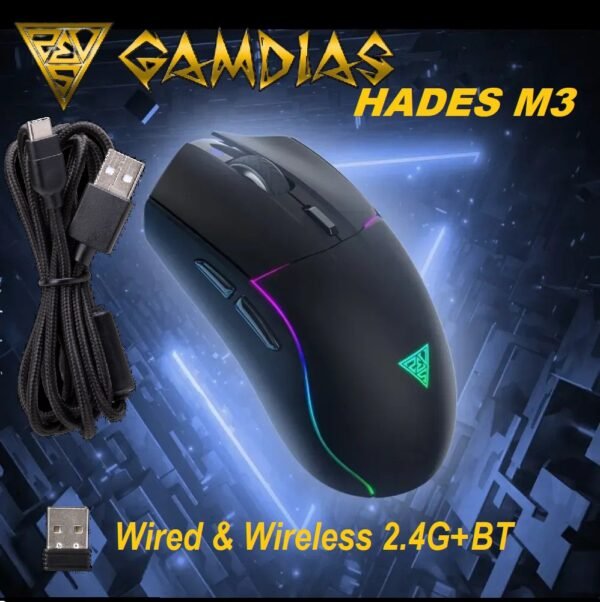 2025/12/1000379350.jpg GAMDIAS HADES M3 RGB Wireless Gaming Mouse ; low-latency 2.4GHz Wireless, Wired USB Type-C to A, and Bluetooth Connections ; Lightweight 79-gram ; 7 Keys ; Adjustable 10000 DPI Advanced Gaming Optical Sensor | BLACK