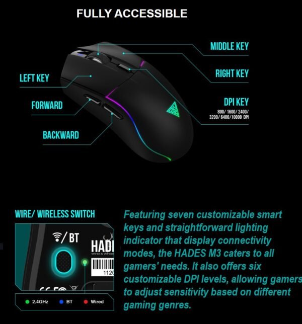 2025/12/1000379353.jpg GAMDIAS HADES M3 RGB Wireless Gaming Mouse ; low-latency 2.4GHz Wireless, Wired USB Type-C to A, and Bluetooth Connections ; Lightweight 79-gram ; 7 Keys ; Adjustable 10000 DPI Advanced Gaming Optical Sensor | BLACK
