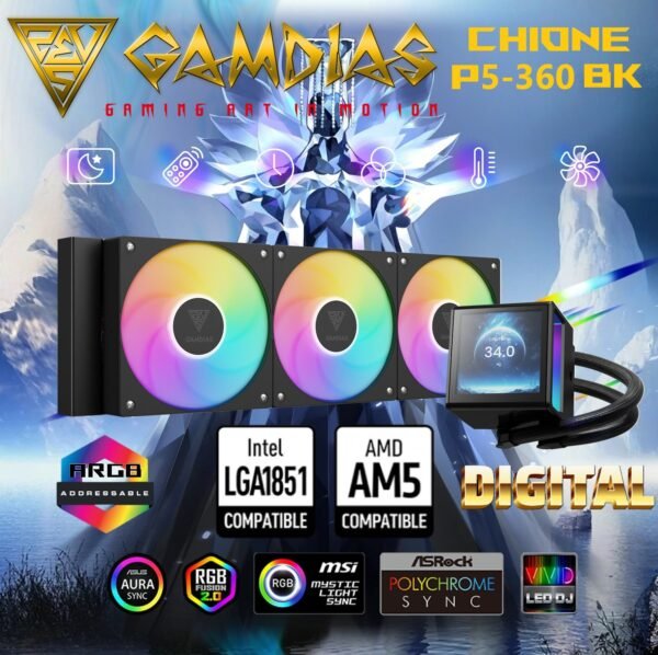 GAMDIAS CHIONE P5-360  AIO ARGB Liquid Cooler  – 3.4” IPS LCD, 360mm Radiator, ARGB PWM Fans, Rotatable Display, Upgraded Cooling System, Universal Compatibility, Hidden Cable Routing, Motherboard Sync | BLACK