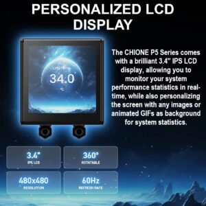 GAMDIAS CHIONE P5-360  AIO ARGB Liquid Cooler  – 3.4” IPS LCD, 360mm Radiator, ARGB PWM Fans, Rotatable Display, Upgraded Cooling System, Universal Compatibility, Hidden Cable Routing, Motherboard Sync | BLACK