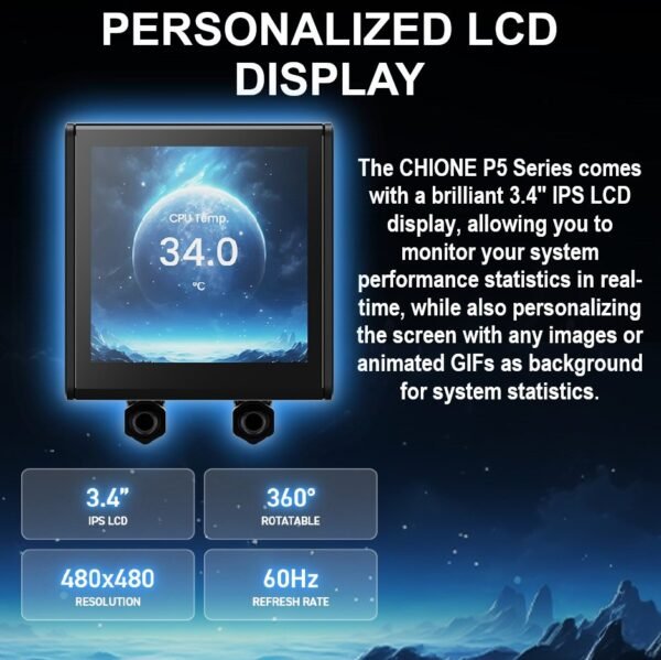 GAMDIAS CHIONE P5-360  AIO ARGB Liquid Cooler  – 3.4” IPS LCD, 360mm Radiator, ARGB PWM Fans, Rotatable Display, Upgraded Cooling System, Universal Compatibility, Hidden Cable Routing, Motherboard Sync | BLACK