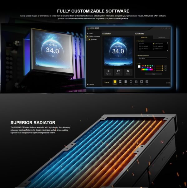 GAMDIAS CHIONE P5-360  AIO ARGB Liquid Cooler  – 3.4” IPS LCD, 360mm Radiator, ARGB PWM Fans, Rotatable Display, Upgraded Cooling System, Universal Compatibility, Hidden Cable Routing, Motherboard Sync | BLACK