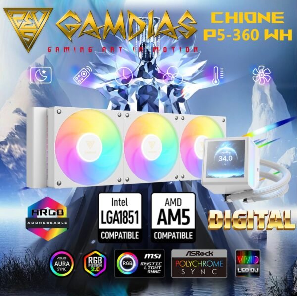 GAMDIAS CHIONE P5-360 WH AIO ARGB Liquid Cooler  – 3.4” IPS LCD, 360mm Radiator, ARGB PWM Fans, Rotatable Display, Upgraded Cooling System, Universal Compatibility, Hidden Cable Routing, Motherboard Sync | WHITE