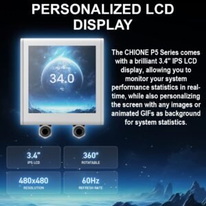 GAMDIAS CHIONE P5-360 WH AIO ARGB Liquid Cooler  – 3.4” IPS LCD, 360mm Radiator, ARGB PWM Fans, Rotatable Display, Upgraded Cooling System, Universal Compatibility, Hidden Cable Routing, Motherboard Sync | WHITE
