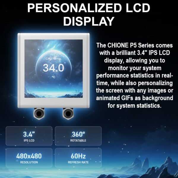 GAMDIAS CHIONE P5-360 WH AIO ARGB Liquid Cooler  – 3.4” IPS LCD, 360mm Radiator, ARGB PWM Fans, Rotatable Display, Upgraded Cooling System, Universal Compatibility, Hidden Cable Routing, Motherboard Sync | WHITE