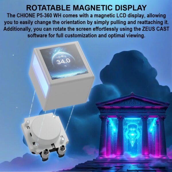 GAMDIAS CHIONE P5-360 WH AIO ARGB Liquid Cooler  – 3.4” IPS LCD, 360mm Radiator, ARGB PWM Fans, Rotatable Display, Upgraded Cooling System, Universal Compatibility, Hidden Cable Routing, Motherboard Sync | WHITE