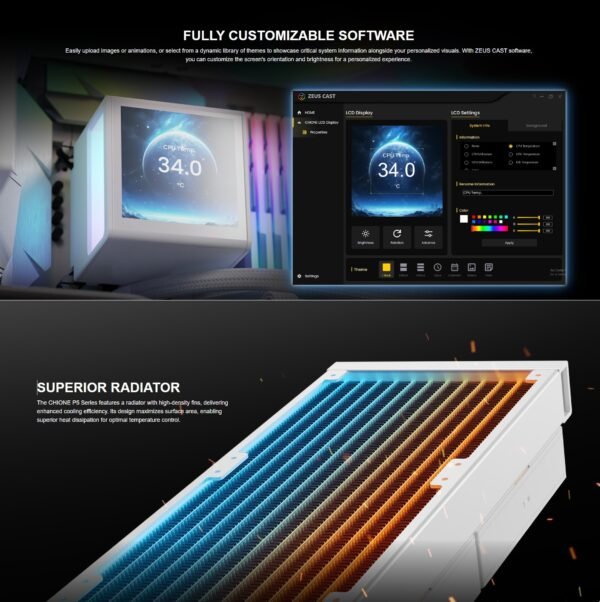 GAMDIAS CHIONE P5-360 WH AIO ARGB Liquid Cooler  – 3.4” IPS LCD, 360mm Radiator, ARGB PWM Fans, Rotatable Display, Upgraded Cooling System, Universal Compatibility, Hidden Cable Routing, Motherboard Sync | WHITE