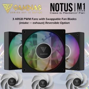 Gamdias Notus M1-1203 ARGB 3-Pack 120mm PWM Fans With 400-1600 RPM, 57.56 CFM Airflow, Hydraulic Bearing, Optional Reversible Blades Included (intake ↔ exhaust) , Low Noise 25dBA, And Motherboard ARGB Sync | BLACK