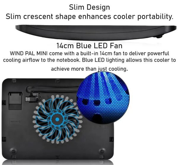 DEEPCOOL Wind PAL Mini Notebook Cooling Pad | 140mm Blue LED Fan, Metal Mesh Panel, Compatible with 39.62 cm (15.6″) notebooks and Below – 340X250X25mm