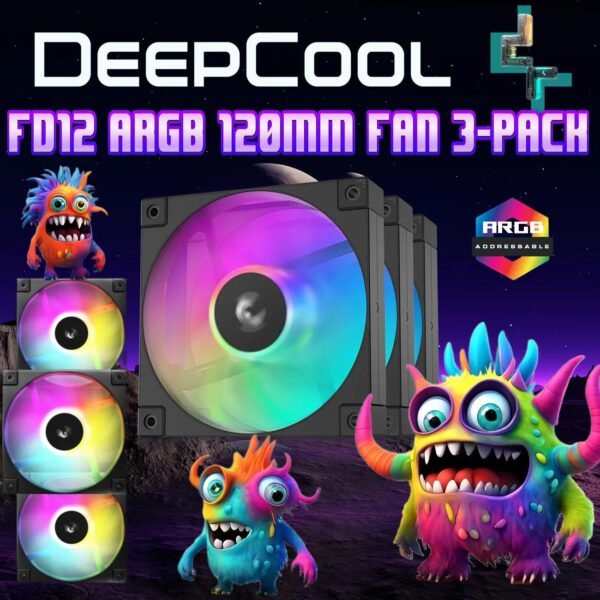DeepCool FD12 ARGB 120mm Fan 3-Pack with Daisy Chain 8-Pin Cable, PWM Control, 63.6 CFM Airflow, Gen 2 Addressable RGB, Quiet Hydraulic Bearings | BLACK