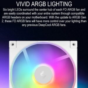 DeepCool FD12 ARGB 120mm Fan 3-Pack with Daisy Chain 8-Pin Cable, PWM Control, 63.6 CFM Airflow, Gen 2 Addressable RGB, Quiet Hydraulic Bearings | WHITE