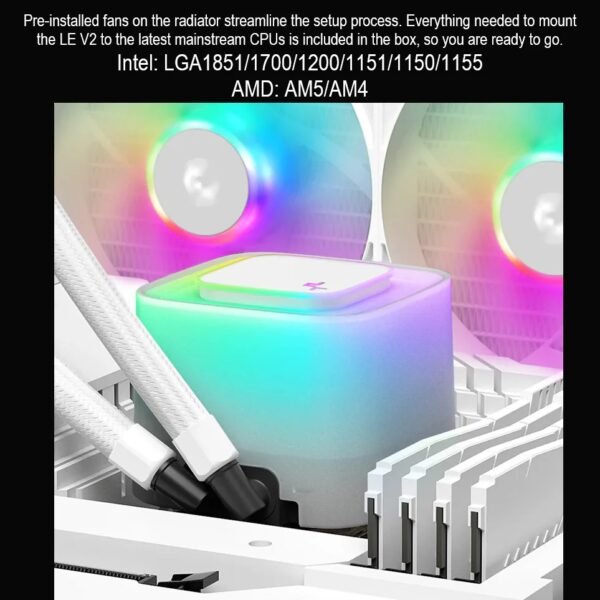 DeepCool LE240 WH V2 CPU Liquid Cooler 240mm Radiator With Frosted Pump 2x ARGB Fans Anti-Leak Tech PWM Control Intel LGA1851/1700/1200 AMD AM5/AM4 | WHITE