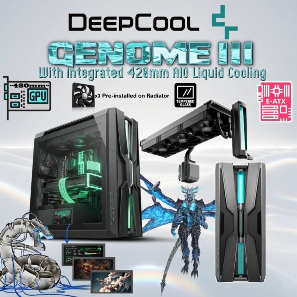 DeepCool GENOME III Full-Tower PC Case With Integrated 420mm AIO Liquid Cooling, 5.5-Inch LCD Screen, E-ATX Support, Anti-Leak Reservoir & Premium RGB Design